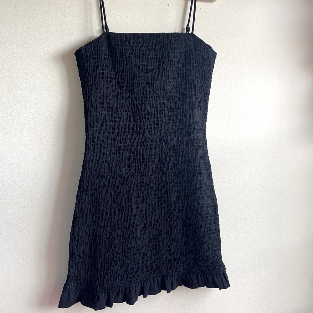 Black Shirred Spaghetti Strap Dress